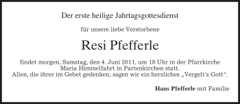 Todesanzeige von Resi Pfefferle von MERKUR & TZ