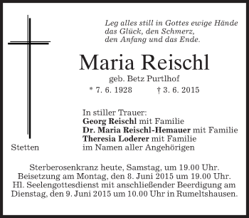 Todesanzeige von Maria Reischl von merkurtz
