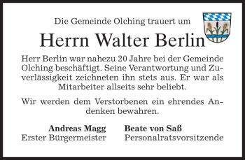 Todesanzeige von Walter Berlin von MERKUR & TZ