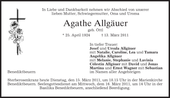 Todesanzeige von Agathe Allgäuer von MERKUR & TZ