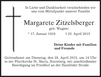 Todesanzeige von Margarete Zitzelsberger von merkurtz
