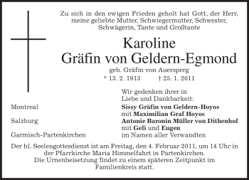 Todesanzeige von Karoline von Geldern-Egmond von MERKUR & TZ