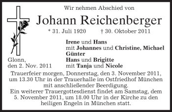 Todesanzeige von Johann Reichenberger von MERKUR & TZ