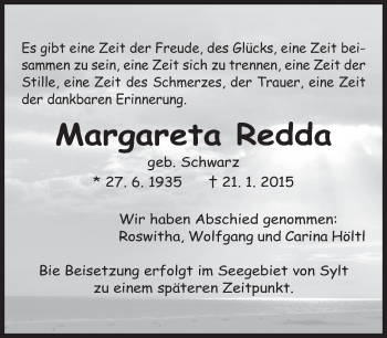 Todesanzeige von Margareta Redda von merkurtz