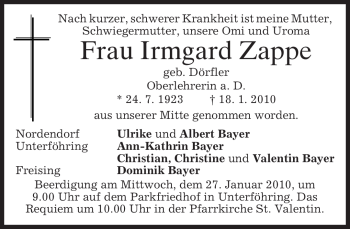 Todesanzeige von Irmgard Zappe von MERKUR & TZ