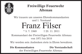 Todesanzeige von Franz Filser von MERKUR & TZ