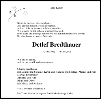 Todesanzeige von Detlef Bredthauer von MERKUR & TZ
