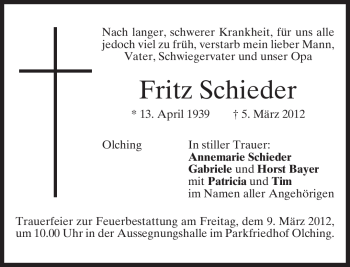 Todesanzeige von Fritz Schieder von MERKUR & TZ
