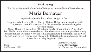 Todesanzeige von Maria Bernauer von MERKUR & TZ