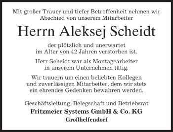 Todesanzeige von Aleksej Scheidt von MERKUR & TZ