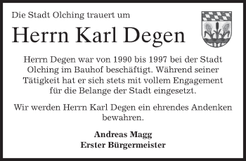 Todesanzeige von Karl Degen von merkurtz