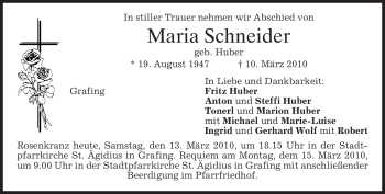 Todesanzeige von Maria Schneider von MERKUR & TZ