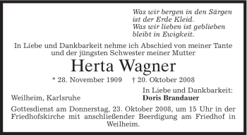 Todesanzeige von Herta Wagner von MERKUR & TZ