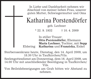 Todesanzeige von Katharina Porstendörfer von MERKUR & TZ