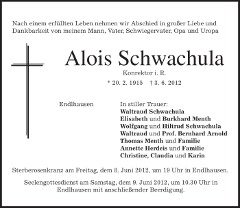 Todesanzeige von Alois Schwachula von MERKUR & TZ
