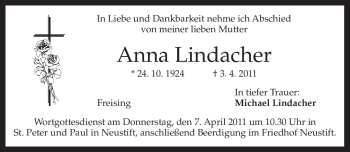 Todesanzeige von Anna Lindacher von MERKUR & TZ