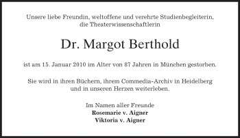 Todesanzeige von Margot Berthold von MERKUR & TZ