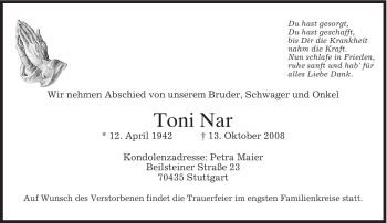 Todesanzeige von Toni Nar von MERKUR & TZ