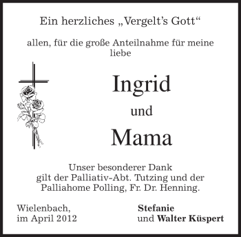 Todesanzeige von Ingrid Küspert von MERKUR & TZ