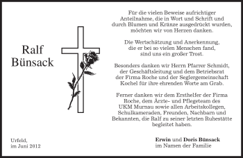 Todesanzeige von Ralf Bünsack von MERKUR & TZ