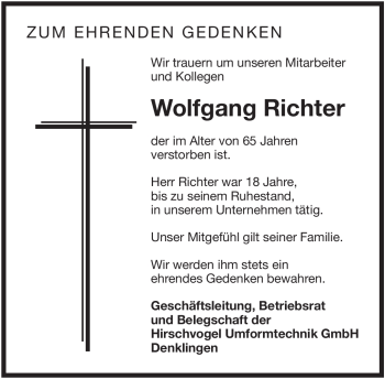 Todesanzeige von Wolfgang Richter von MERKUR & TZ