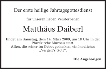 Todesanzeige von Matthäus Daiberl von MERKUR & TZ
