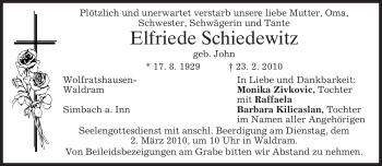 Todesanzeige von Elfriede Schiedewitz von MERKUR & TZ