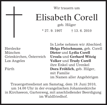 Todesanzeige von Elisabeth Corell von MERKUR & TZ