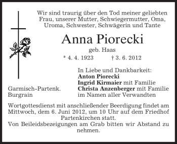 Todesanzeige von Anna Piorecki von MERKUR & TZ