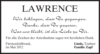 Todesanzeige von Lawrence Unbekannt von MERKUR & TZ