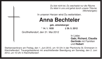 Todesanzeige von Anna Bechteler von MERKUR & TZ
