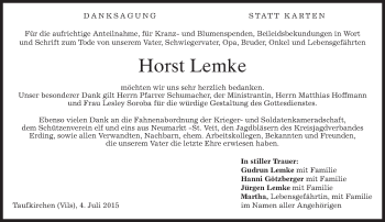 Todesanzeige von Horst Lemke von merkurtz