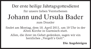Todesanzeige von Ursula Bader von MERKUR & TZ