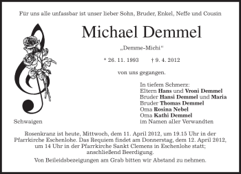 Todesanzeige von Michael Demmel von MERKUR & TZ