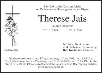 Todesanzeige von Therese Jais von MERKUR & TZ