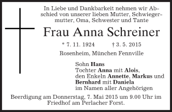 Todesanzeige von Anna Schreiner von merkurtz
