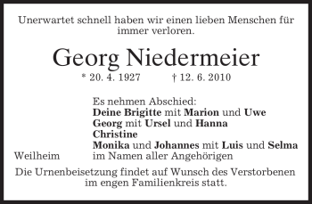 Todesanzeige von Georg Niedermeier von MERKUR & TZ