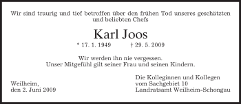 Todesanzeige von Karl Joos von MERKUR & TZ