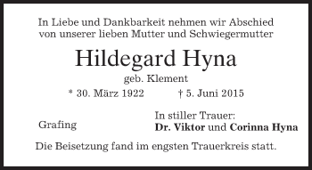 Todesanzeige von Hildegard Hyna von merkurtz