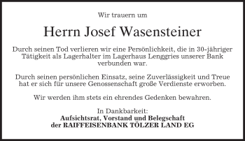 Todesanzeige von Josef Wasensteiner von MERKUR & TZ