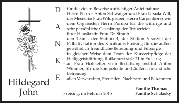 Todesanzeige von Hildegard John von merkurtz