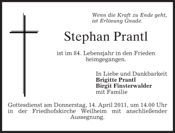 Todesanzeige von Stephan Prantl von MERKUR & TZ
