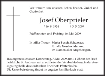 Todesanzeige von Josef Oberprieler von MERKUR & TZ
