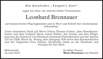 Todesanzeige von Leonhard Brennauer von MERKUR & TZ