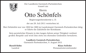 Todesanzeige von Otto Schönfels von MERKUR & TZ