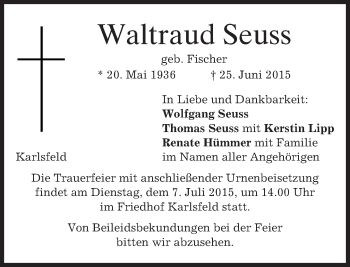 Todesanzeige von Waltraud Seuss von merkurtz