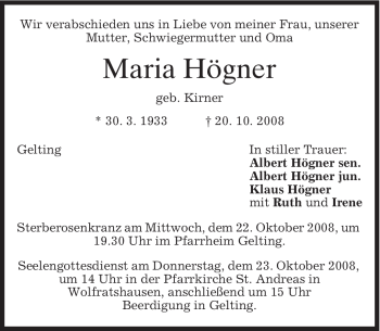 Todesanzeige von Maria Högner von MERKUR & TZ