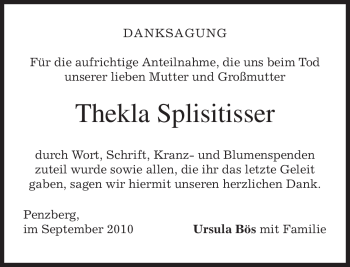Todesanzeige von Thekla Splisitisser von MERKUR & TZ