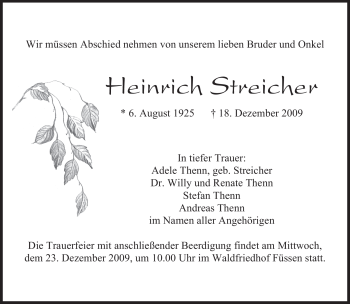 Todesanzeige von Heinrich Streicher von MERKUR & TZ