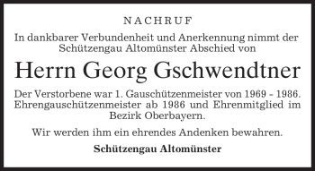Todesanzeige von Georg Gschwendtner von MERKUR & TZ